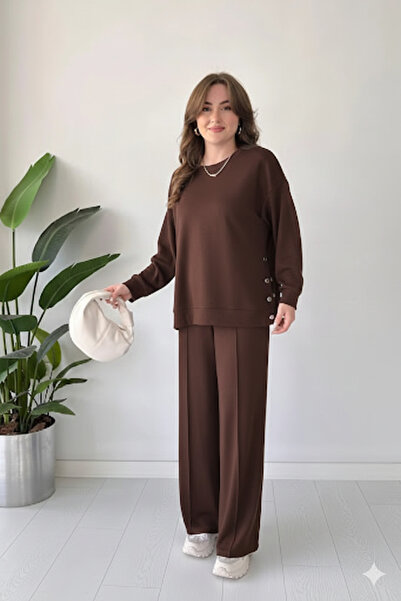 MEBA Women's Modal Fabric Crew Neck Side Snap Bottom Top Set Brown