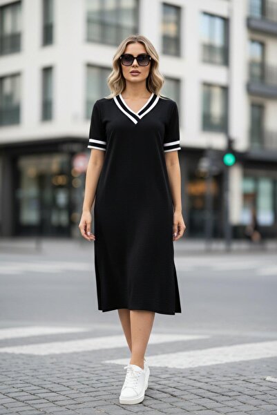 Mossta Μαύρο φόρεμα μίντι από βισκόζη - κοντό μανίκι, λαιμόκοψη σε σχήμα V, λ...