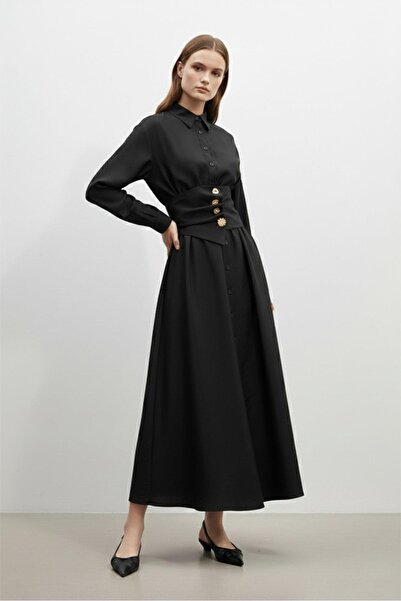 Soul Women's Shirt Collar Buttoned Waist Cinching Long Dress-32455Elb - Black