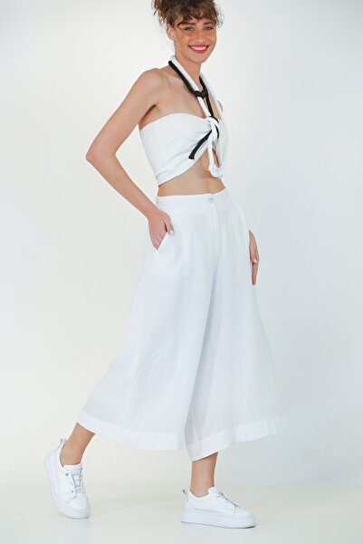 BİZE Keten Bol Paça Pantolon - Beyaz