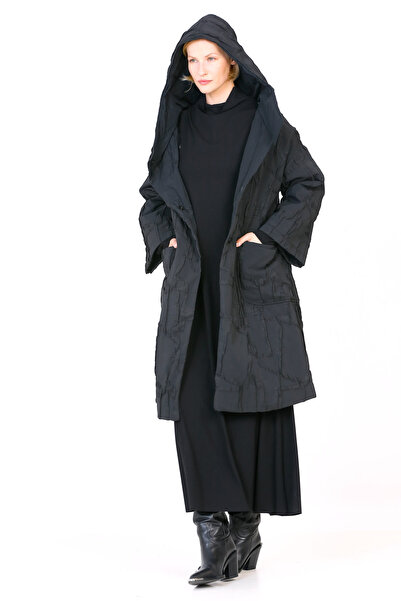 BIZEFASHION Büyük Kare Düğmeli Kaban - Siyah