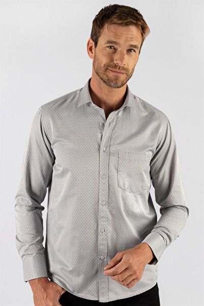 Tudors قميص رجالي رمادي - حديد سهل، دوبي، كم طويل، قطن، مقاس كلاسيكي