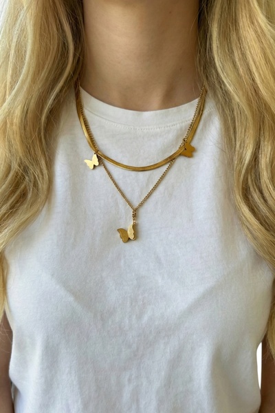 JewelsofHope Çift Zincirli Kelebek Figürlü 316L Çelik Kadın Kolye - Kararmaz ...