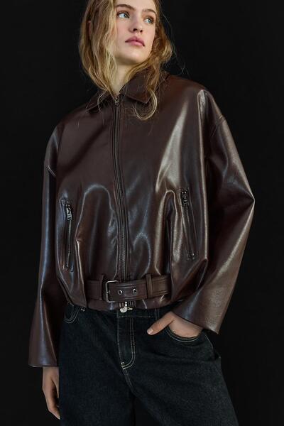 Bershka Kemerli suni deri bomber ceket