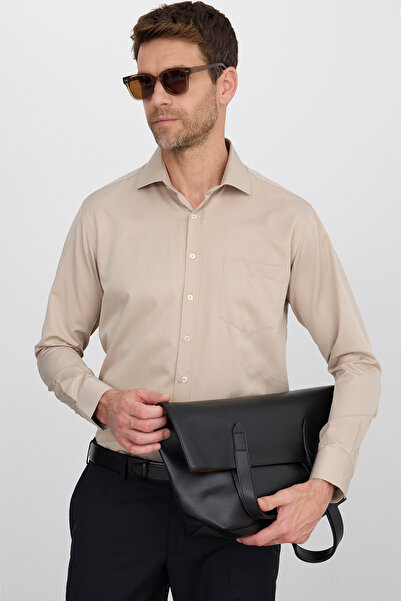 Tudors Klasik Fit Uzun Kollu Pamuklu Düz Erkek Bej Gömlek