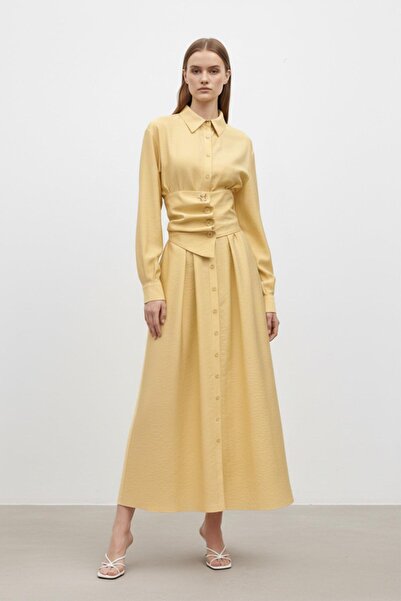 Soul Women's Shirt Collar Buttoned Waist Cincher Long Dress-32455Elb - Yellow