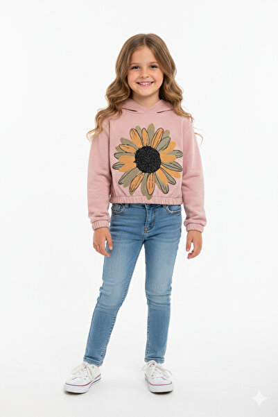 BOBBY JR KİDSWEAR سويت شيرت بناتي باباتيا مطبوع بغطاء رأس وردي فاتح