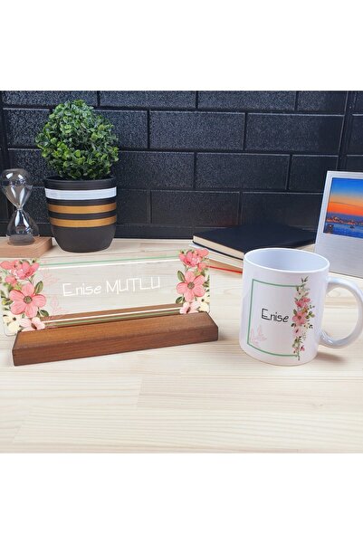 hediyekralı Kişiye Özel Ofis Masa Isimliği Ve Kupa Bardak Hediye Seti - Pembe...