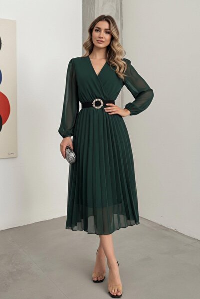 Mossta Rochie midi cu decolteu dublu din șifon, căptușită cu țesătură - verde