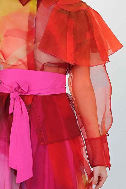 BİZE Desenli Tül Ceket - Fuşya