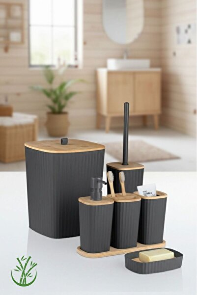 Okyanus Home Adhesive Real Bamboo Anthracite 6-Piece Sapphire Bathroom Set