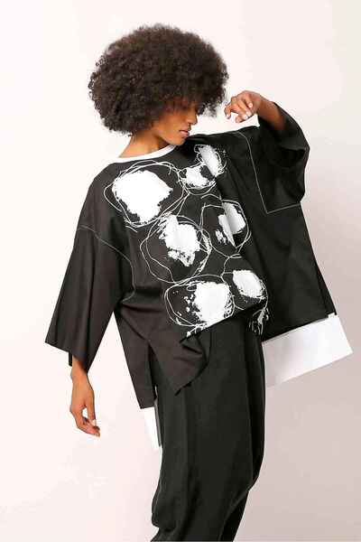 BİZE Baskılı Panço Bluz - Siyah
