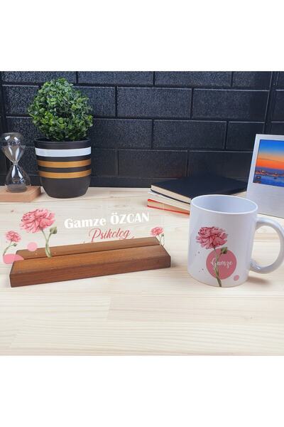 hediyekralı Kişiye Özel Pembe Çiçek Desenli Ofis Masa Isimliği Ve Kupa Bardak...