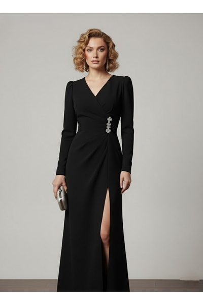 Janes Giyim Gece ve Davet Şıklığı Kadın Uzun Kollu Kruvaze Yaka Taşlı Krep El...