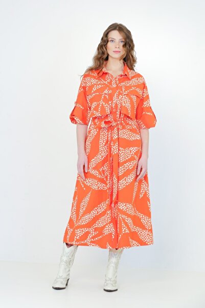 BİZE Puantiyeli Gömlek Elbise - Turuncu