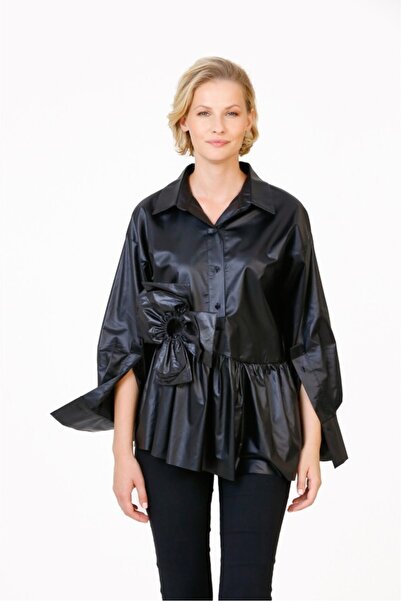 BİZE Büyük Çiçekli Parlak Gömlek - Siyah