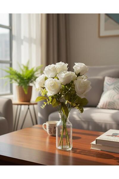 YAPAY ÇİÇEK DERYASI 7 Kafalı Şimşir Aranjmanlı Beyaz GÜL Demeti Buket Gül Vaz...