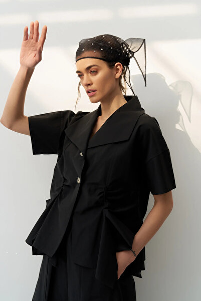 BIZEFASHION Önü Büzgülü Gömlek - Siyah