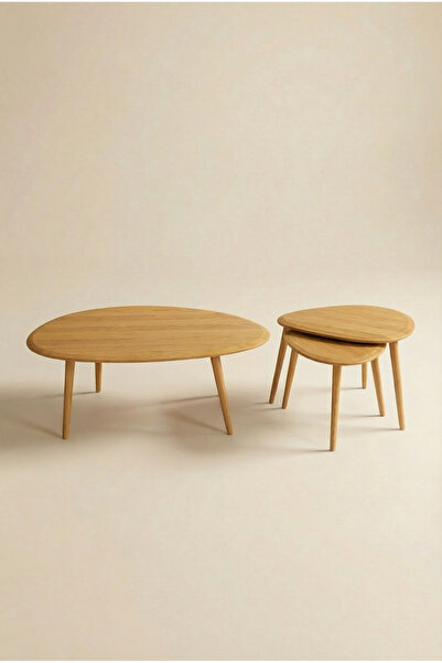 Fawdecor Masif Ahşap Asimetrik Orta Sehpa ve 2’li Zigon Yan Açık Meşe Sehpa Seti