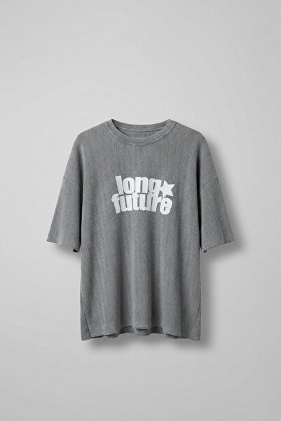 ablukaonline Erkek Yıkamalı Ribana Kumaş Oversize T-Shirt Gri