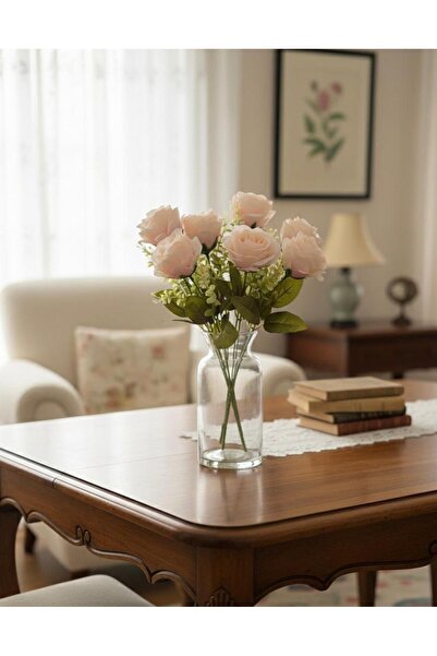 YAPAY ÇİÇEK DERYASI 7 Kafalı Şimşir Aranjmanlı TOZ PEMBE GÜL Demeti Buket Gül...