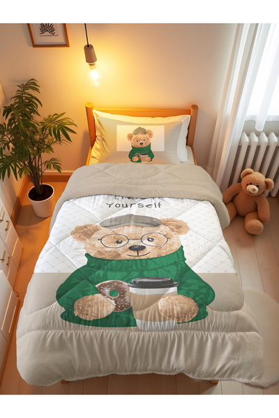 Evmila Πάπλωμα και σετ ύπνου διπλής όψης Wellsoft με μοτίβο αρκουδάκι με γυαλ...