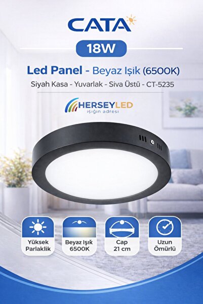 Cata 18W Led Panel - Beyaz Işık (6500K) - Siyah Kasa - Yuvarlak - Sıva Üstü -...