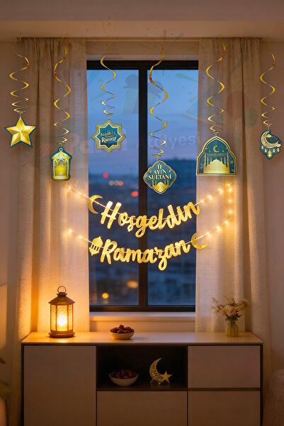 Parti Atölyesi Led Işık + Hoş geldin Ramazan Yazı + 6 lı Tavan sarkıt süs Ram...
