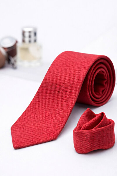 Gambocci Erkek Kırmızı Armürlü Mendilli Kravat