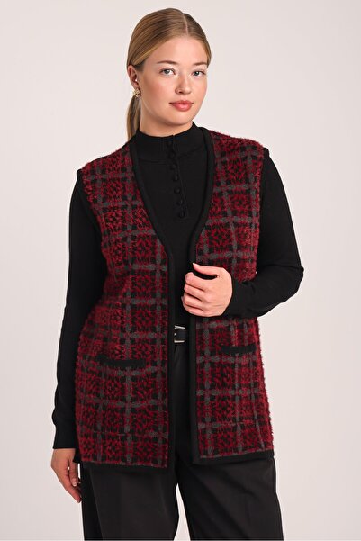 Uludağ Triko Women's Black Burgundy Feather Plaid Pattern Pocketed Knitwear Vest