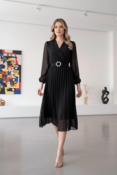 Mossta Μαύρο φόρεμα μίντι - Διπλό στήθος, ύφασμα σιφόν, με φαρδιά γραμμή και ...