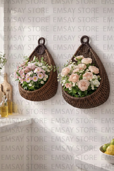 Emsay Store Wicker Fruit Basket with Hanger – Flower Basket – Natural Hand-Kn...