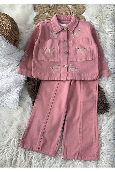 Alvadonna طقم بناتي مكون من سترة دنيم مزينة بالأحجار وقطعتين