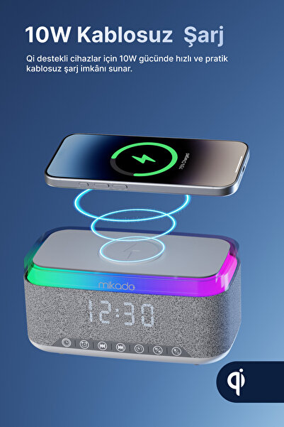 Mikado Bluetooth Hoparlör MD-W8 1200mAh Kablosuz Şarj, Alarmlı Saat ve RGB Ge...
