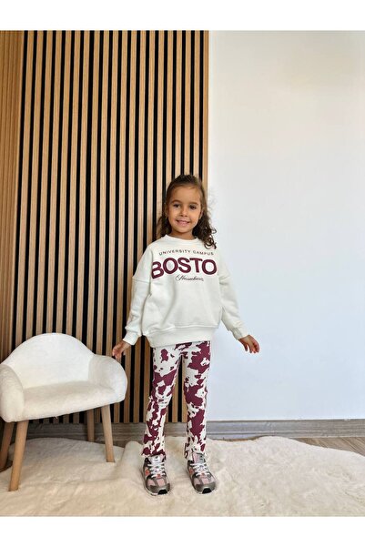 Milo Sol Kız Çocuk Boston Yazılı Sweatshirt & Flare Tayt Takım – Bordo/Ekru – %100 Pamuk