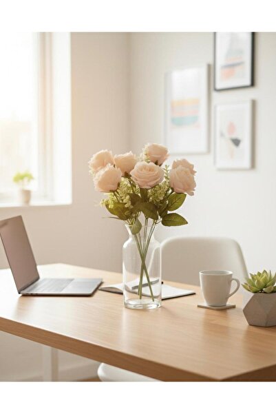 YASİMA باقة ورد وردية اللون مع 7 رؤوس من خشب البقس، مزهرية وردية، وعاء زهور، ...