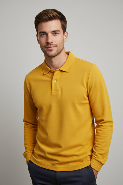 Çapıt 100% βαμβακερό γιακά πόλο μακρυμάνικο κίτρινο σχολικό/καθημερινό μπλουζάκι