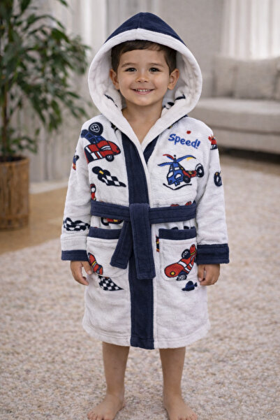 İQON رداء حمام للأطفال مصنوع من القطن بنسبة 100% بغطاء رأس - بنمط سيارة (5-6 ...