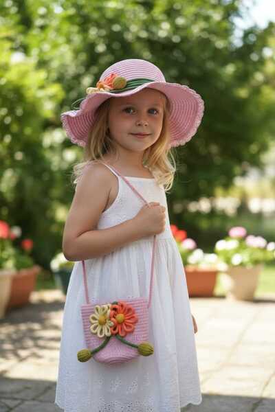 Aware Time 3-8 Yaş Kız Çocuk Hasır Aksesuarlı Fötr Şapka Çanta Set