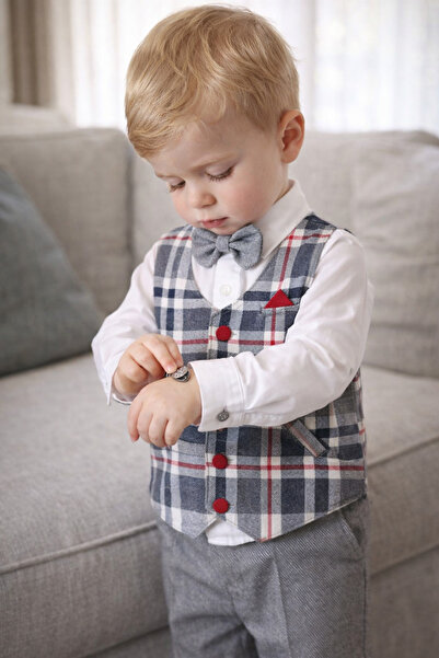 Babydola طقم مكون من 3 قطع من قميص وسروال وربطة عنق منقوشة باللون الأزرق الدا...