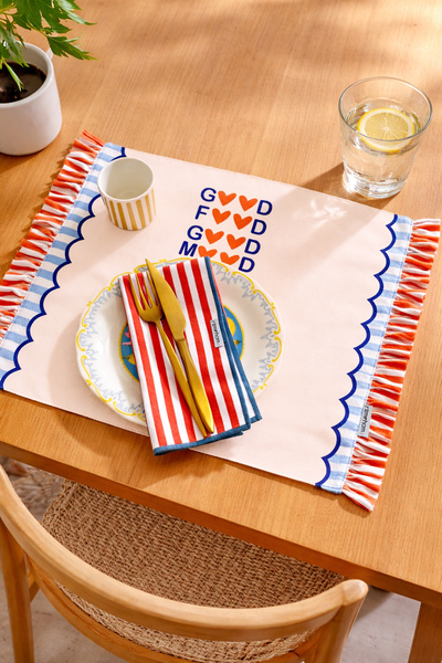 RİTMOHOME Fırfırlı, Marin, Bohem, Sloganlı, Yazılı Desenli, Renkli, Çizgili A...