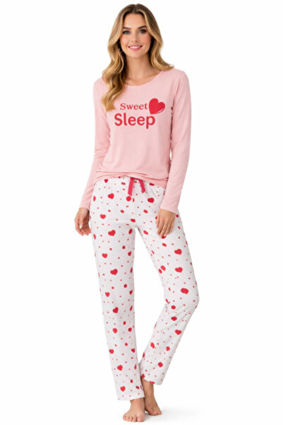 Enisa moda Sweet Sleep Women's Cotton Pajamas - Pink with Heart Print