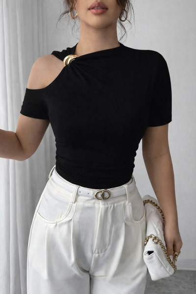 MOONBULL Women's Right Shoulder Gold Bridge Accessory Detailed Short Sleeve B...