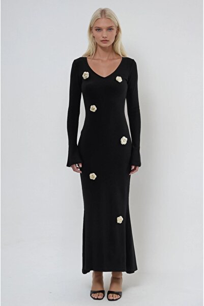 Lijuri Floral Detailed Deep Neckline Long Dress 2996