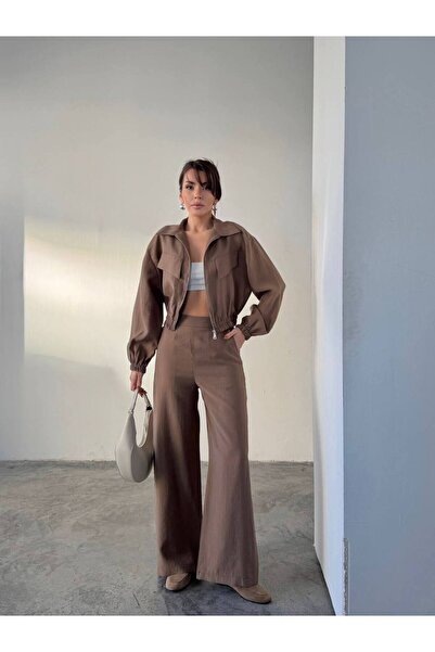 Diemmood Black Zippered Jacket & Wide-Leg Pants Women's Set