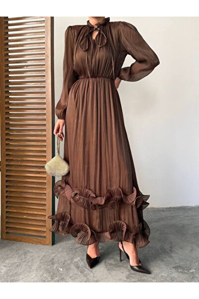 Diemmood Women's Chiffon Ruffle Detailed High Collar Tie-Up Waist Gathered El...