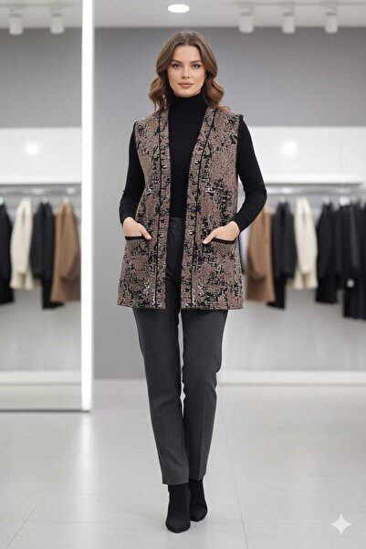 Uludağ Triko Women's Black-Brown-Stone Beard Pattern Knitwear Vest with Pockets