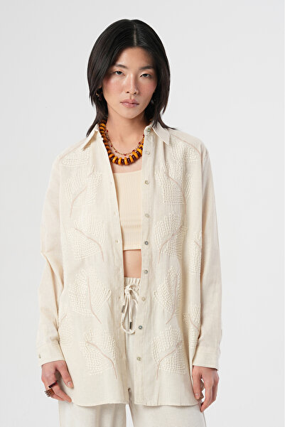 Orfeo Negro Women's Ethnic Leaf Embroidered Cotton Linen Oversized Shirt