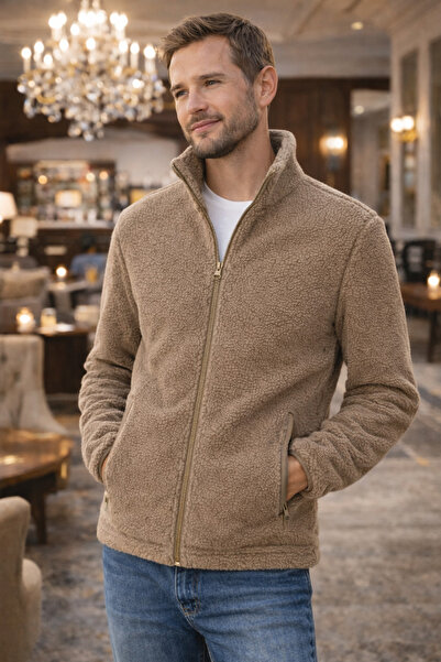 LUXIC CORE Unisex açık Kahverengi Peluş Polar Ceket | Fermuarlı, Yumuşak Doku...