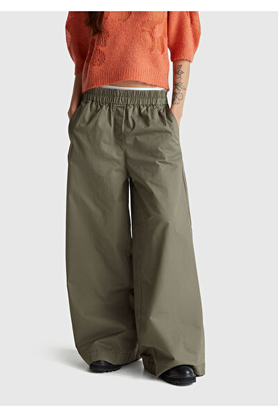 United Colors of Benetton Women's Khaki 100% Cotton Elastic Waist Wide Leg Tr...